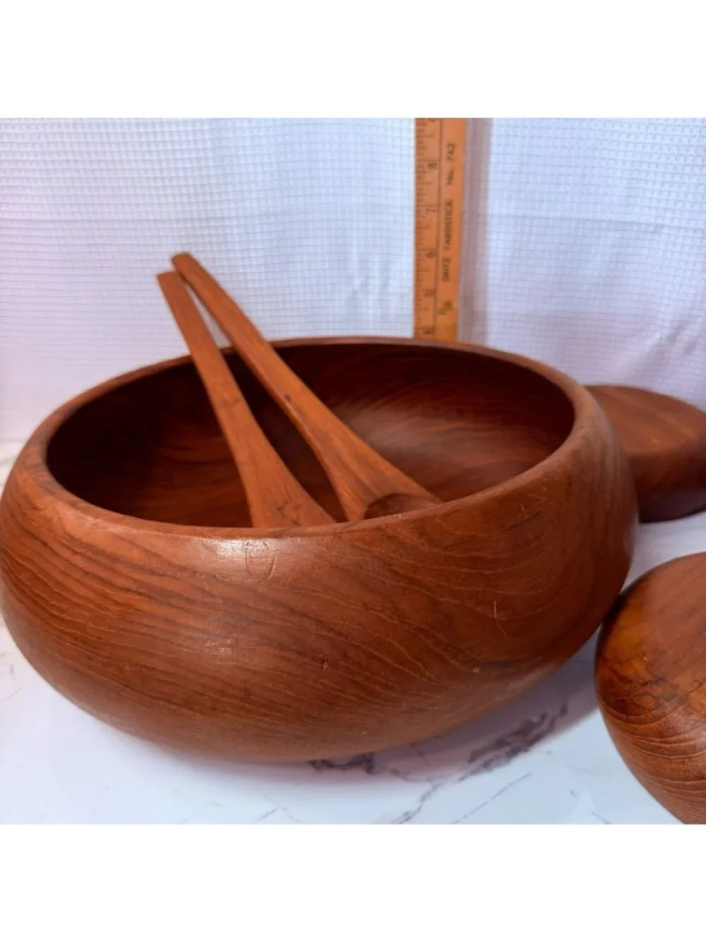 Mid-Century Modern Teak Salad Bowl Set With 4 Small Bowls & 2 Serving Utensils
